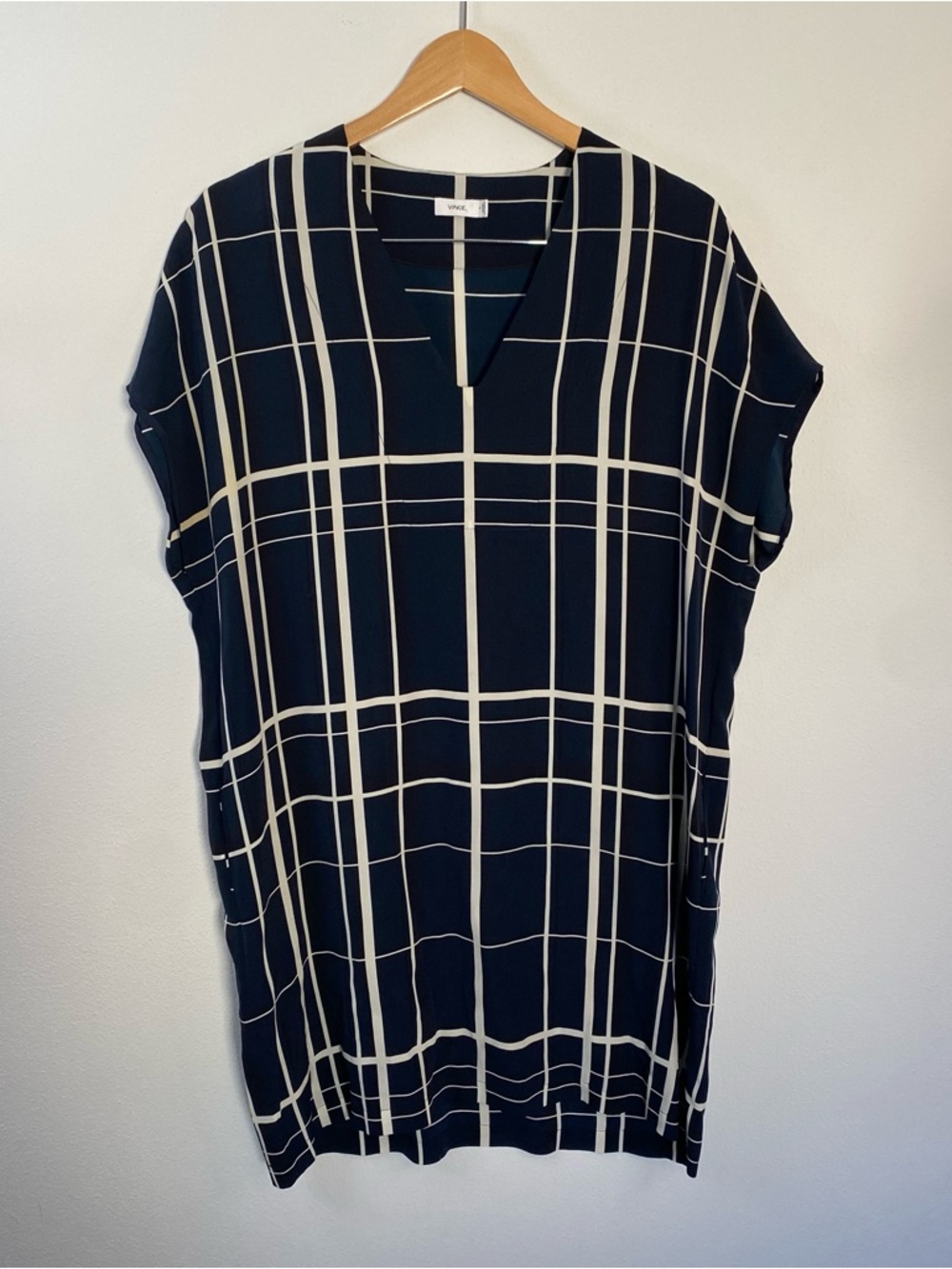 Vince Lattice Window Pain 100% Silk Navy Blue White Shift Dress Women’s Small